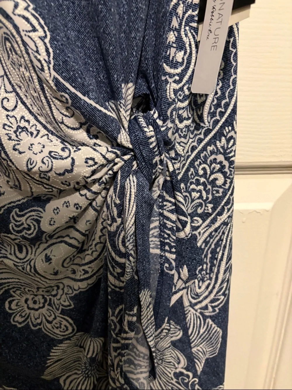 Signature by Robbie Bee Denim Blue and White Paisley Midi Dress